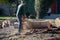 A tree trimmer worker from Artist tree service uses a chainsaw to cut up a tree trunk