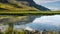 Tree trunk floating on water suface of swamp in lush green mossy landscape in front of volcanic mountain range