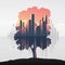 Tree and urban business skyline double exposure vector illustration background. Symbol of environment, nature, ecology.