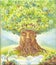 tree of wisdom, oil painting, suit for poster, print, wallpaper, backgroung, as illustration. Fantasy picture. Fantastic