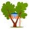 Tree wood playhouse with nature summer playground design for kids, vector illustration. Cute house building, outdoors