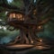 A treehouse hidden within a colossal, ancient tree adorned with bioluminescent moss1