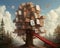 Treehouse made of giant playing cards. Surreal, dreamlike art style