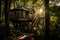 Treehouse nestled among tall trees in wooded area. Generative AI