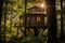Treehouse nestled among tall trees in wooded area. Generative AI