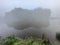 Treelined lake shrouded in fog, reflecting serene landscape in still water