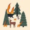 Trees, animals and flames. The forest is on fire. Burning forest with animals - deer, bear and hare.