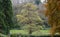 Trees in autumn with the leaves changing colour, photographed in Castle Combe, Wiltshire, in the Cotswolds, UK