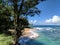 Trees and beach with waves along Hanalei coast Hawaii, United St