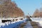 Trees in beautiful romantic winter alley covered with snow with sidewalk in the middle, church in background