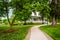 Trees and building along a path through Gettysburg College, Penn