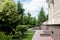 Trees and bushes on grass near walkway and building with stairs