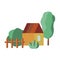Trees, bushes and plants near the village house, small village fence. Flat style. Vector elements for design