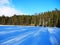 Trees casting shadows over a frozen lake covered in snow