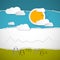 Trees, Clouds, Mountain, Sun on Retro Torn Paper Background