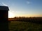 Trees, fields and barn silhouetted against the setting sun