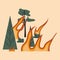 Trees and flames. The forest is on fire. Taiga is on fire. Burning forest. Flat vector illustration