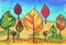 Trees in the form of autumn leaves. Children`s drawing, mixed media