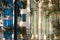 Trees framed by foliage and streetlight in front of reflections in skyscraper windows