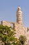 Trees in front of Tower of David and Old City walls in Jerusalem, Israel