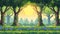 Trees, grass, and stones in a summer forest. Modern parallax background for 2D game with woods in a landscape with sun