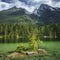 Trees on little rock island in lake Hintersee with mountains in background, Berchtesgaden Bavaria