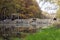 Trees, oaks, birches with yellow dry leaves, green grass, a stone bridge with two black metal guns reflected in the water