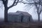 Trees and old farm building in early morning fog