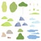 Trees, plants, flowers, mountains, clouds, lake, collection of nature landscape constructor design elements vector