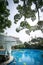 Trees pool blue ship outdoor decoration setting