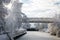 trees silhouettes and bridge covered by the snow in border frozen river by sunny day