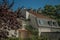 Treetops and roofs building under sunny blue sky at Montmartre in Paris.