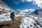 Trekker approaching Amadablan mount in Khumbu valley on a way to