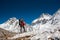 Trekker approaching PumoRi mountain in Khumbu valley on a way to