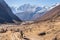 A trekker with backpack walking on Manaslu circuit trekking trail, Himalaya mountains range in Nepal