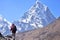 Trekker at high Himalaya mountain