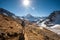 Trekker in Khumbu valley in front of Abadablan mount on a way to