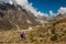 Trekker with landscape of mountain and river on the way from Din