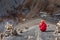 Trekker near High Camp on Annapurna circuit in Nepal