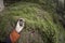 A trekker using gps among the forest in a cloudy day