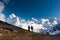Trekkers approaching Amadablan mount in Khumbu valley on a way t