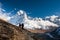 Trekkers approaching Amadablan mount in Khumbu valley on a way t