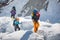 Trekkers crossing Gokyo glacier in Khumbu valley on a way to Eve