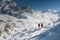 Trekkers crossing Gokyo glacier in Khumbu valley on a way to Eve