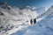 Trekkers crossing Gokyo glacier in Khumbu valley on a way to Eve