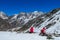 Trekkers on a hiking trail in Himalaya mountains