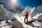 Trekkes is posing at camera in front of huge glacier falling fro