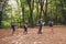 Trekking, camping and wild life concept. Side profile full lengs photo of four best friends, hiking in the woods near