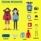Trekking couple infographic with backpack,camera,compass,sleeping bag,first aid kit,trekking pole,binocular,cloths,food vector. i