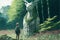 While trekking through a forest, a young hiker discovers a colossal deer statue concealed by layers of moss and lichen. Fantasy